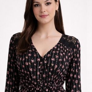 Enkay | Frilled Peplum Black Pink Blouse NWT